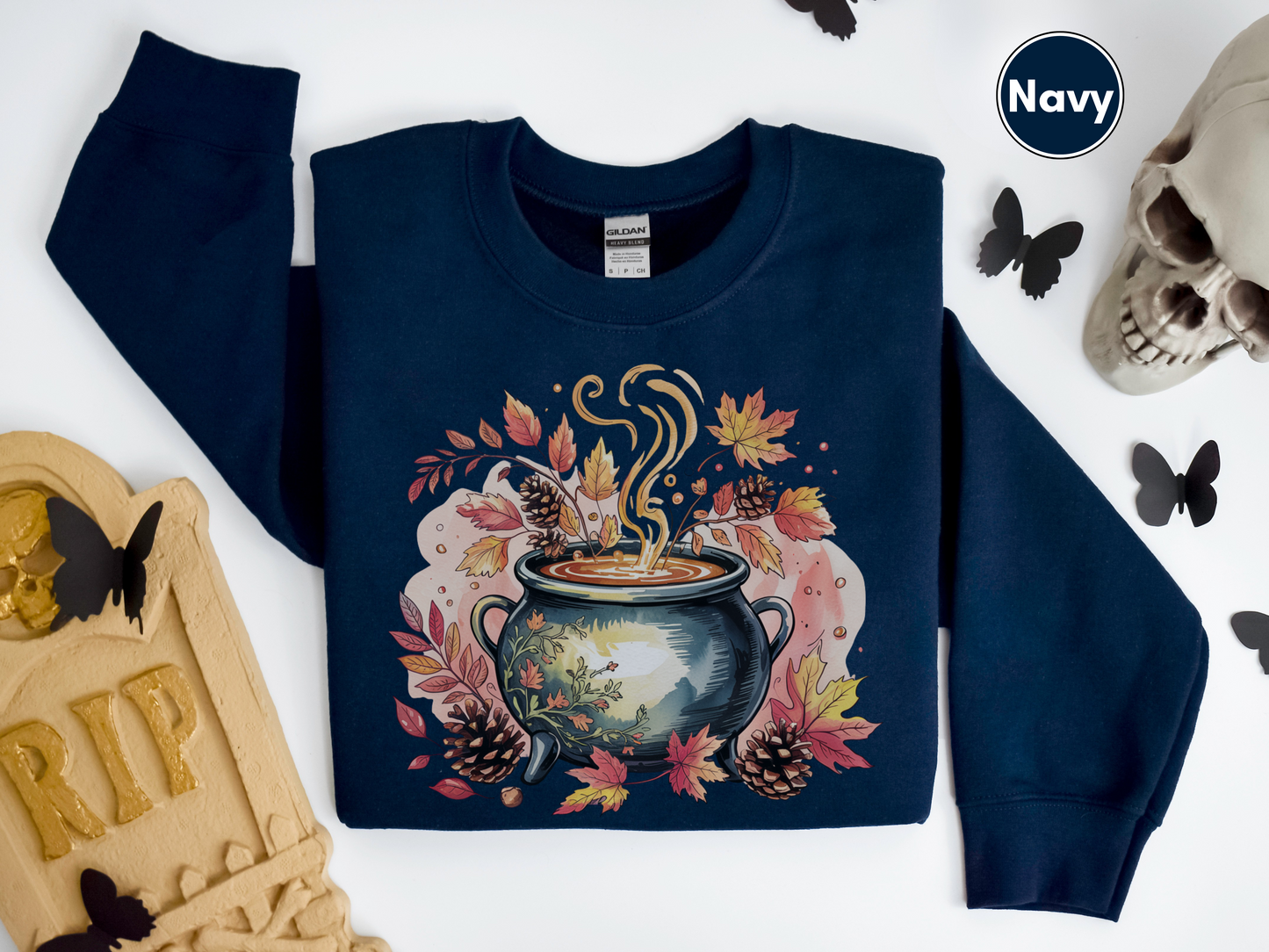 Autumn Cauldron Sweatshirt for Women, Fall Leaves Pullover, Cozy Fall Witchy Vibes Sweatshirt