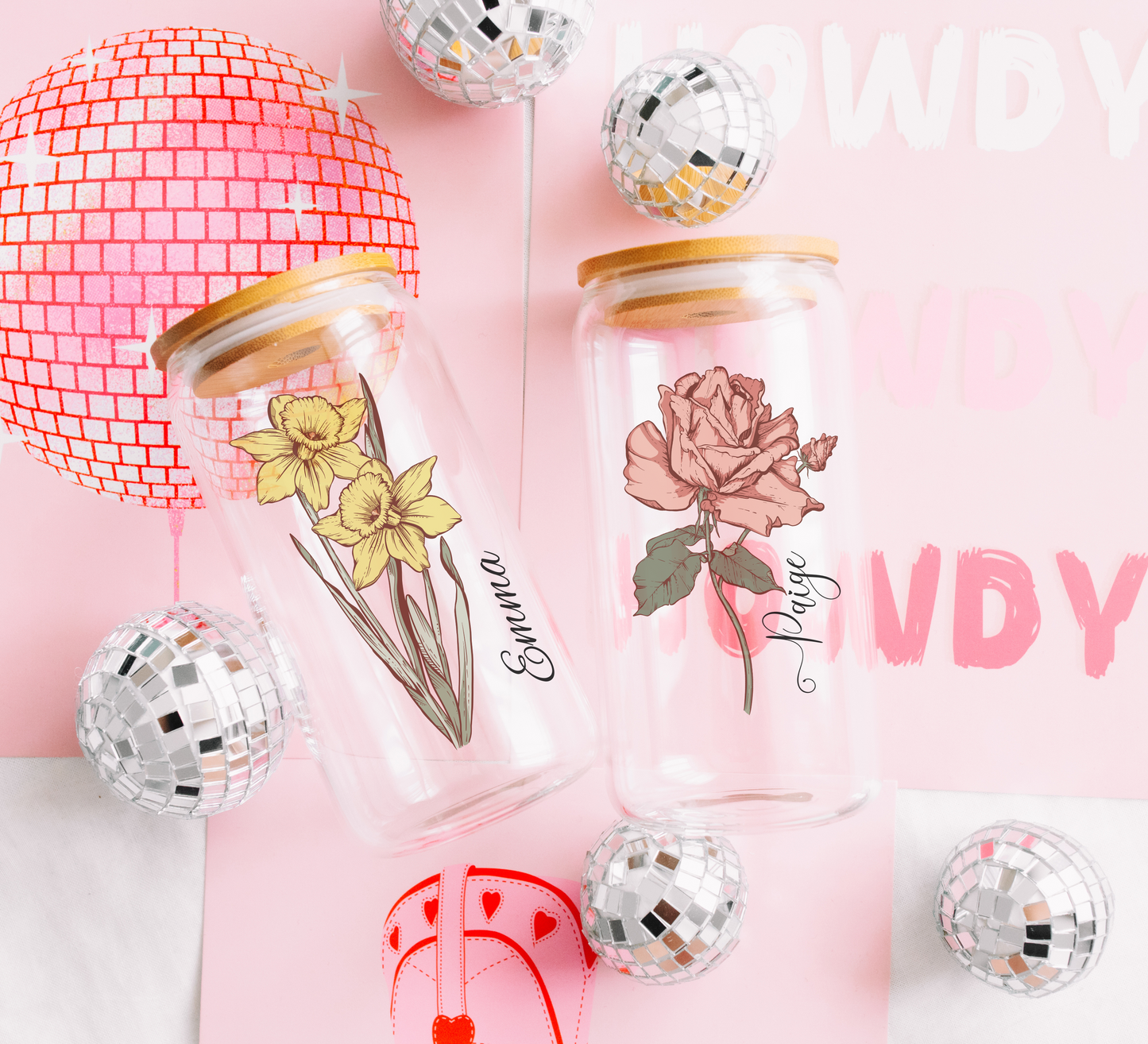 Custom Birth Flower Glass Coffee Cup with Name Birth Flower Tumbler