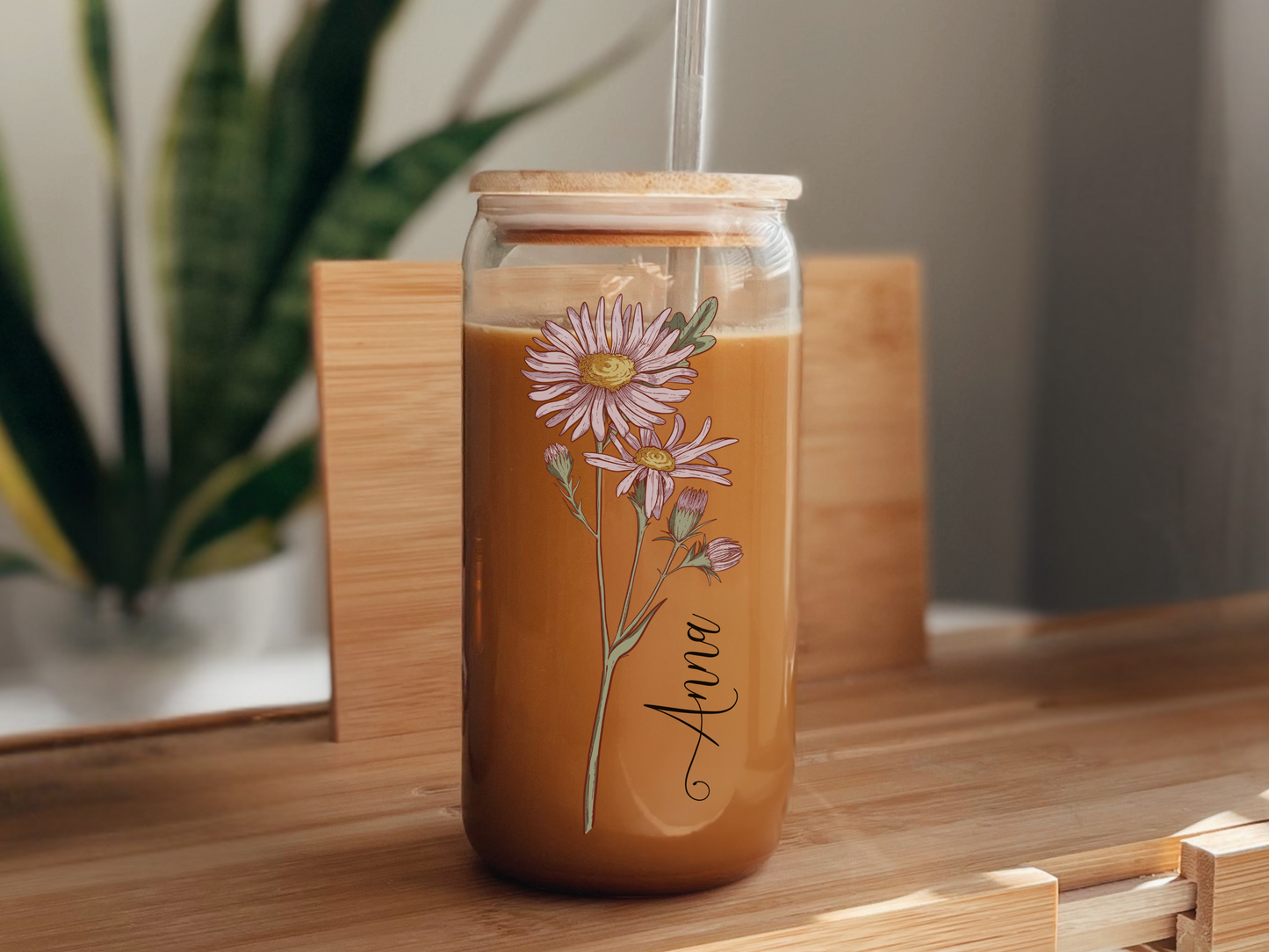 Custom Birth Flower Iced Coffee Cup Glass Cup, Personalized Can Glass with Lid and Straw