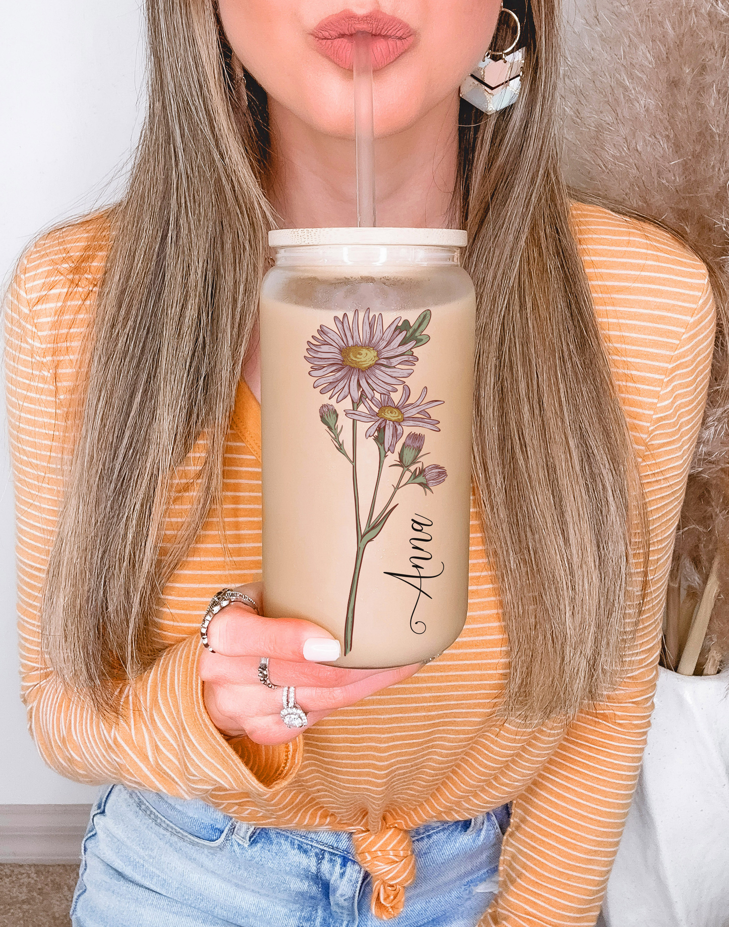 Tasse à café glacée personnalisée en verre, canette en verre personnalisée avec couvercle et paille, cadeau de demoiselle d'honneur