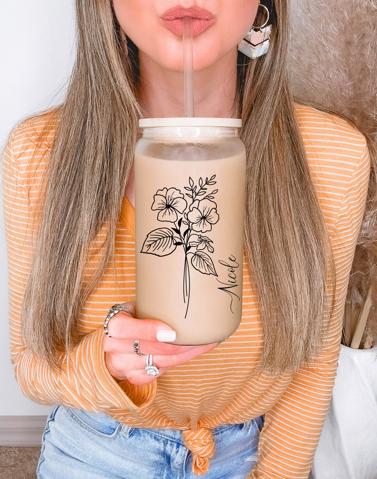 Custom Birth Flower Tumbler with Name Birth Flower Glass Coffee Cup