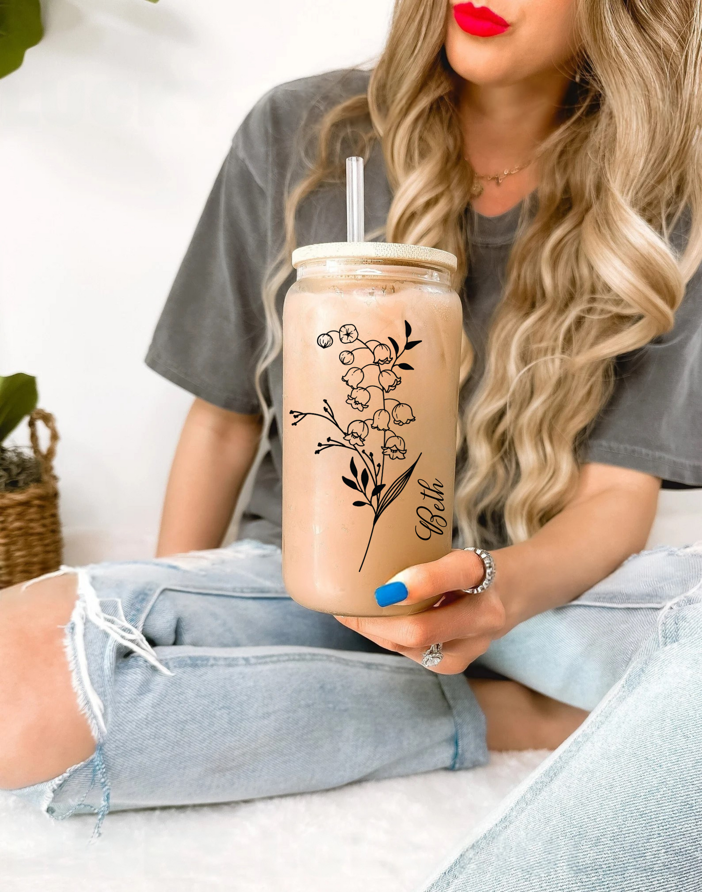 Custom Birth Flower Tumbler with Name Birth Flower Glass Coffee Cup
