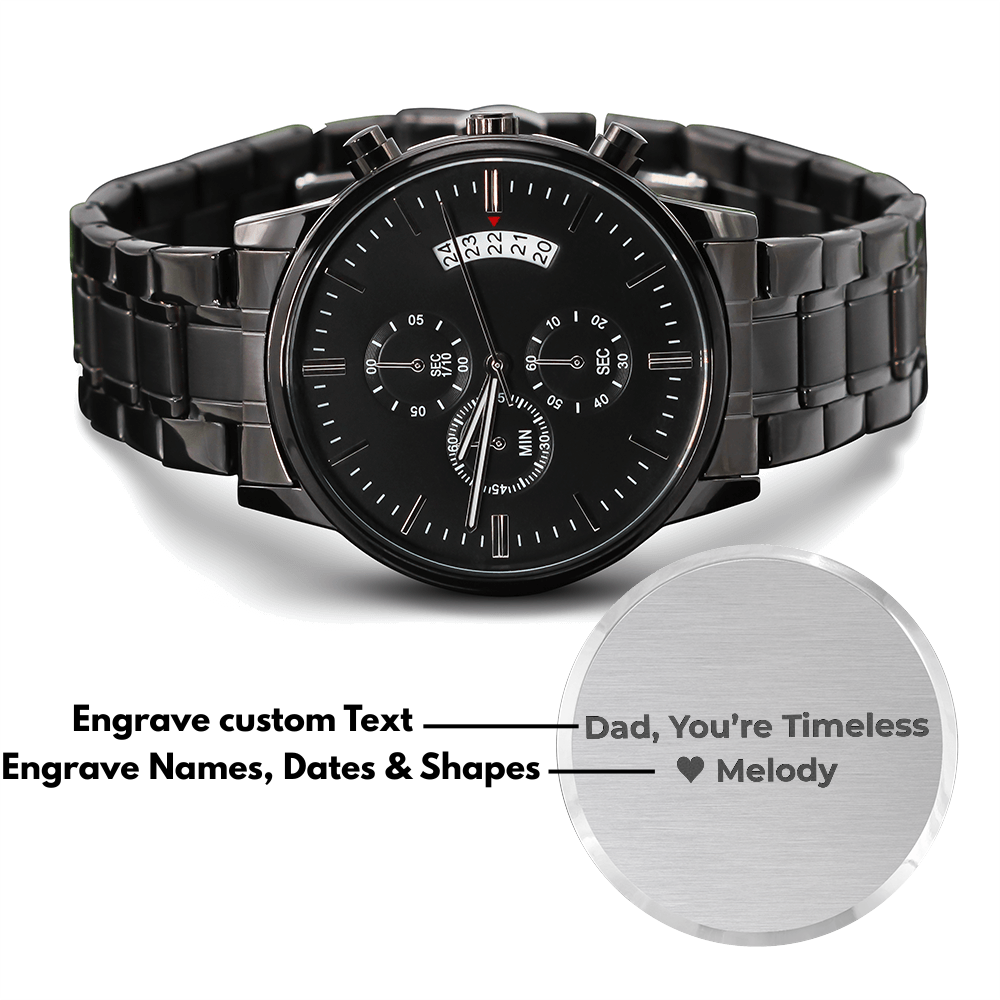 Custom Engraved Black Chronograph Watch Dad Father's Day Personalized Watch Stainless Steel Waterproof Watch, Make Your Own Watch, Your Text
