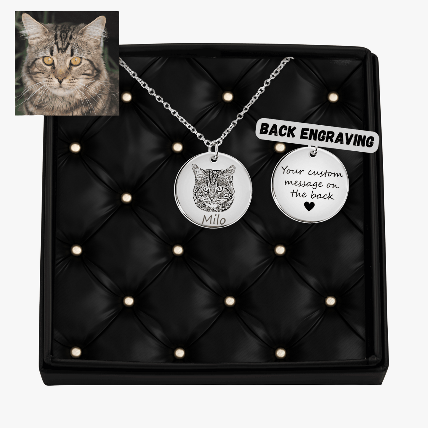 Personalized Photo Engraved Cat Portrait Necklace, Custom Cat Photo Necklace in Silver, Gold or Rose Gold