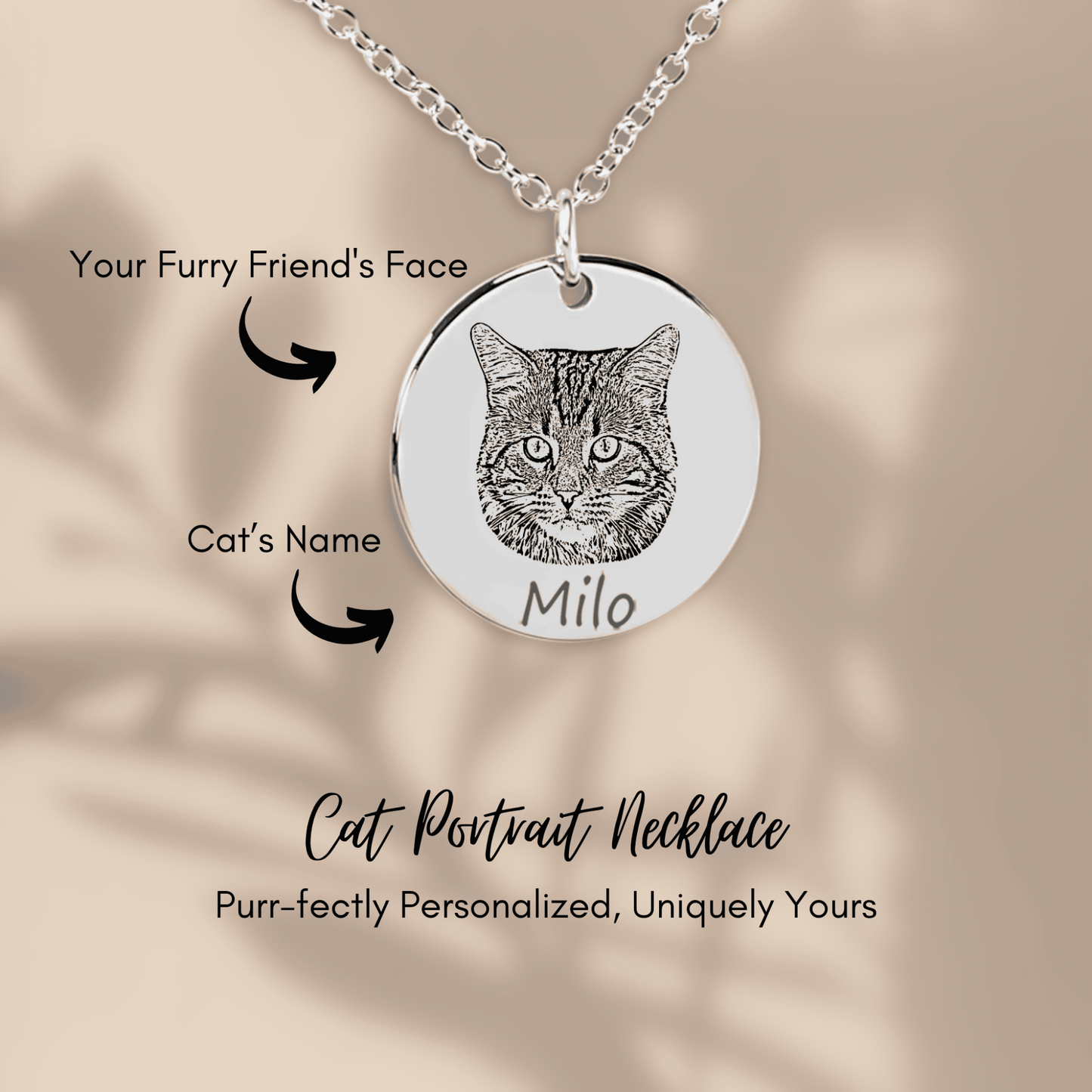 Personalized Photo Engraved Cat Portrait Necklace, Custom Cat Photo Necklace in Silver, Gold or Rose Gold