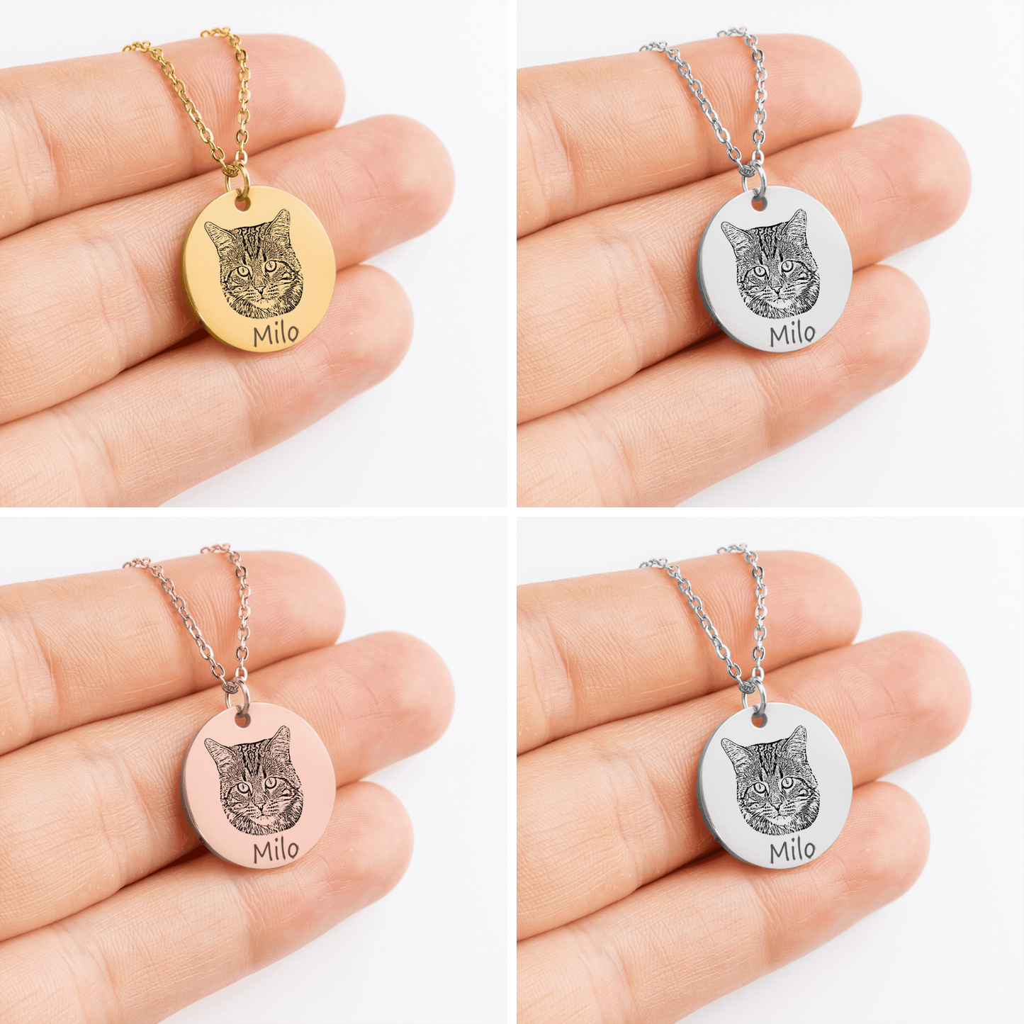Personalized Photo Engraved Cat Portrait Necklace, Custom Cat Photo Necklace in Silver, Gold or Rose Gold