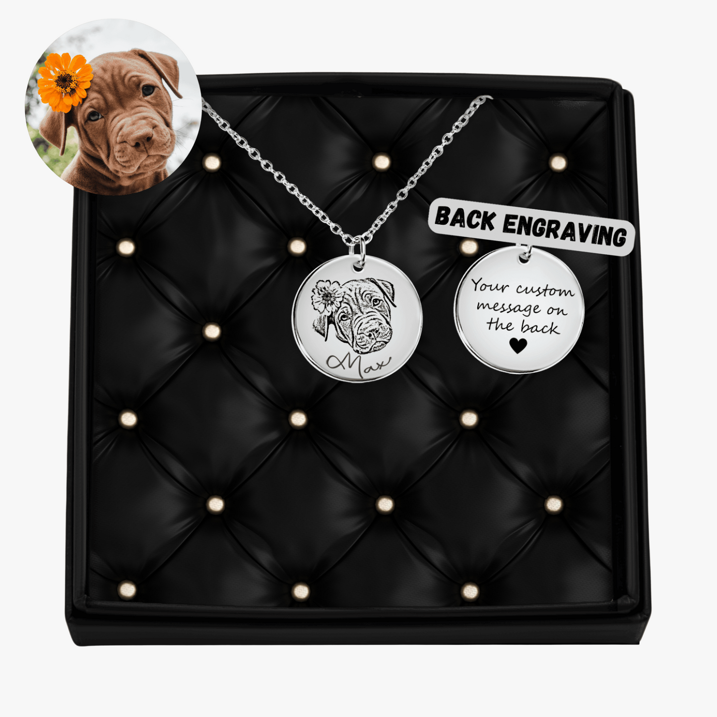 Personalized Engraved Dog Portrait Necklace, Silver, Gold or Rose Gold