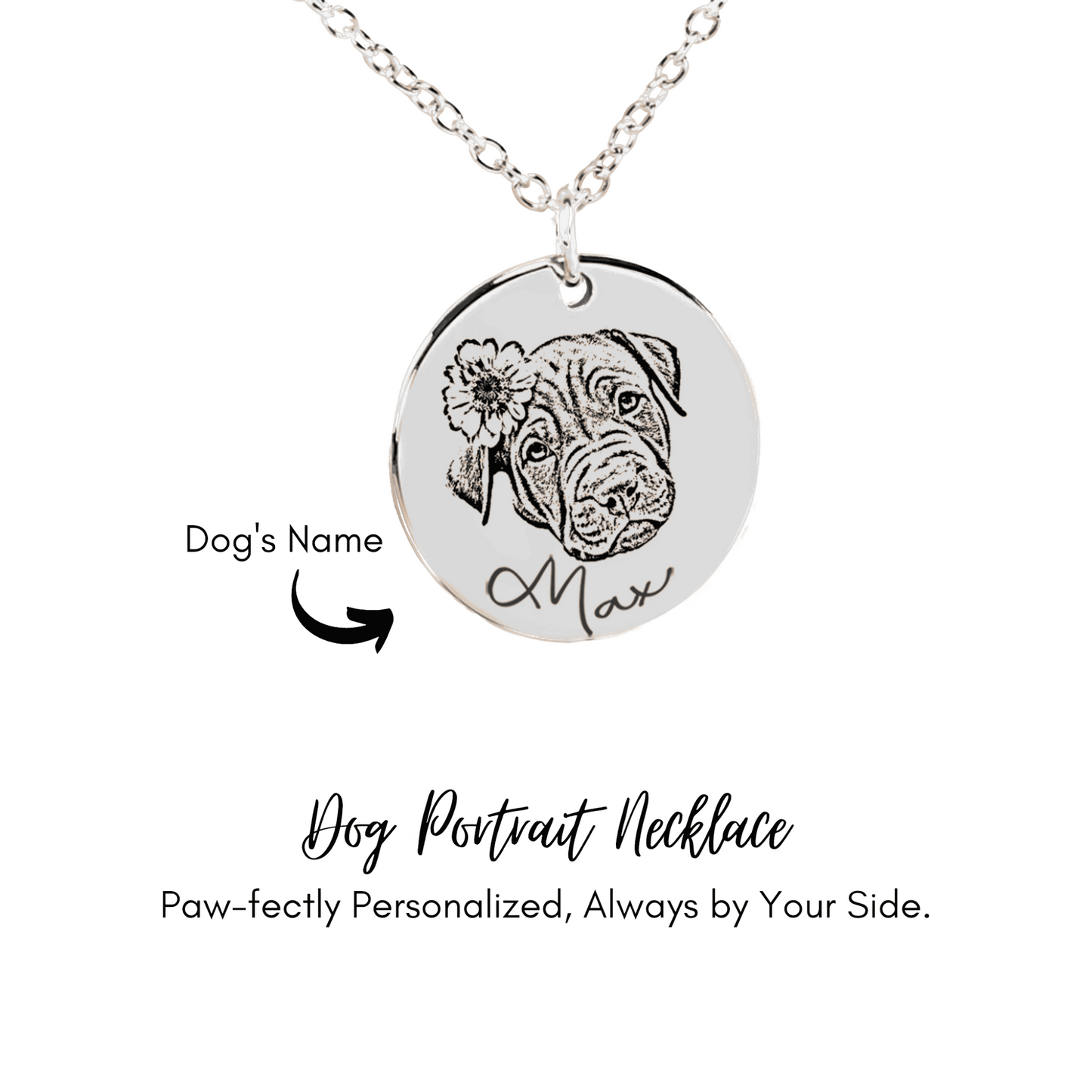 Personalized Engraved Dog Portrait Necklace, Silver, Gold or Rose Gold