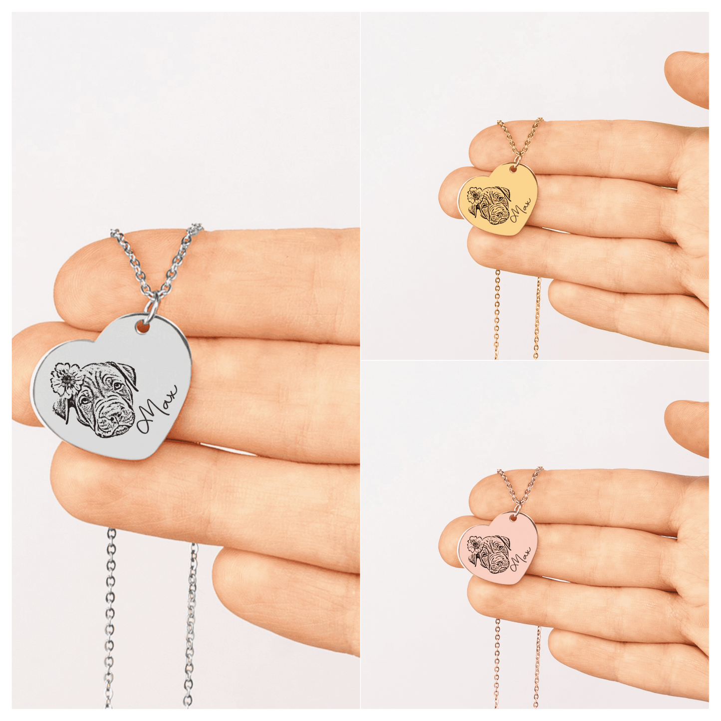Custom Pet Portrait Heart Necklace, Personalized Photo Engraved Pet Heart Necklace, Pet Name Heart Necklace