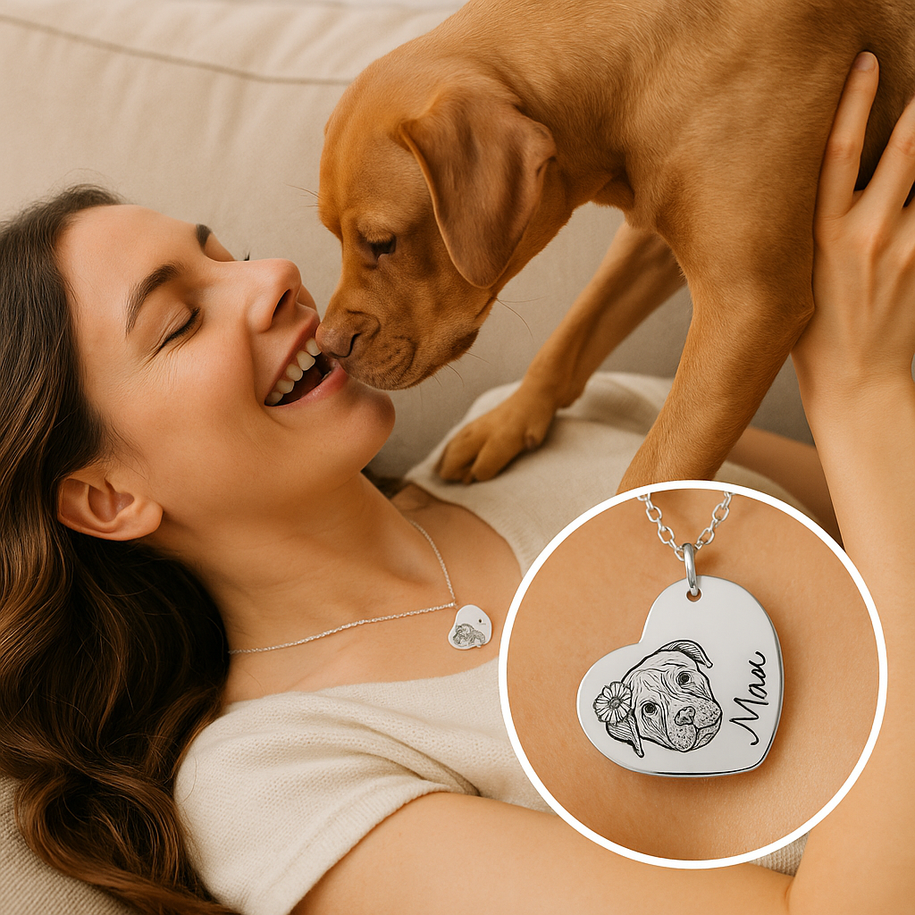 Custom Pet Portrait Heart Necklace, Personalized Photo Engraved Pet Heart Necklace, Pet Name Heart Necklace