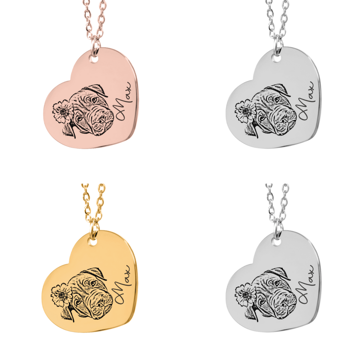 Custom Pet Portrait Heart Necklace, Personalized Photo Engraved Pet Heart Necklace, Pet Name Heart Necklace