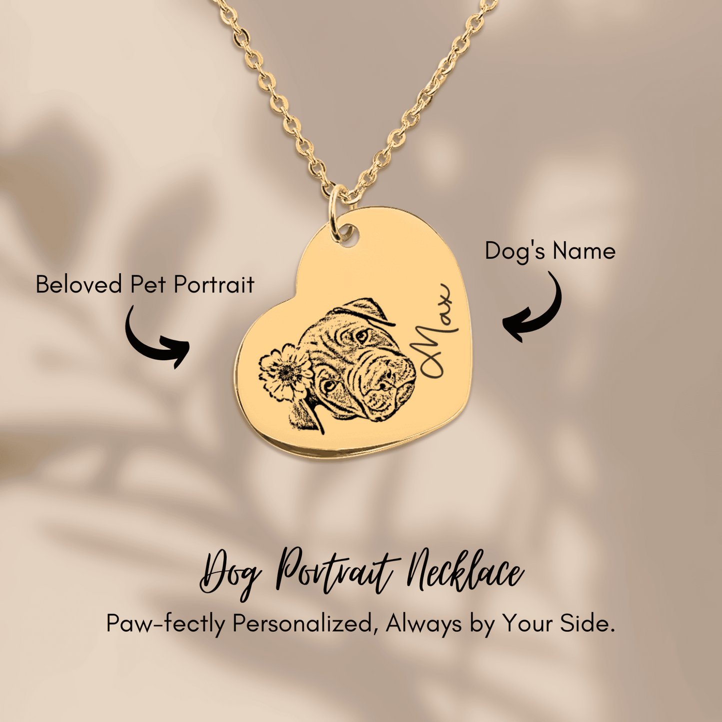 Custom Pet Portrait Heart Necklace, Personalized Photo Engraved Pet Heart Necklace, Pet Name Heart Necklace