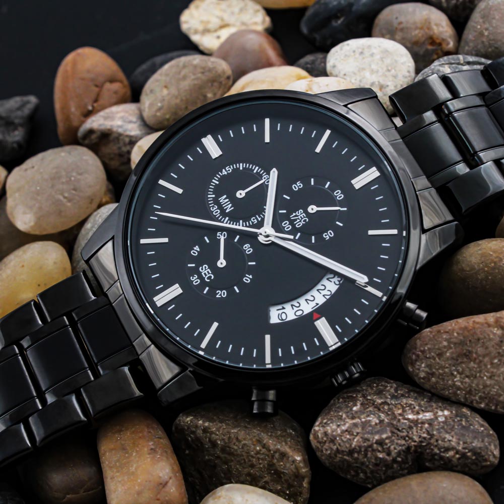 Mens Engraved Black Chronograph Watch Stainless Steel Waterproof Customized Personalized Watches for Boyfriend My Man Fiancé Husband Birthday Anniversary Personalized Watch
