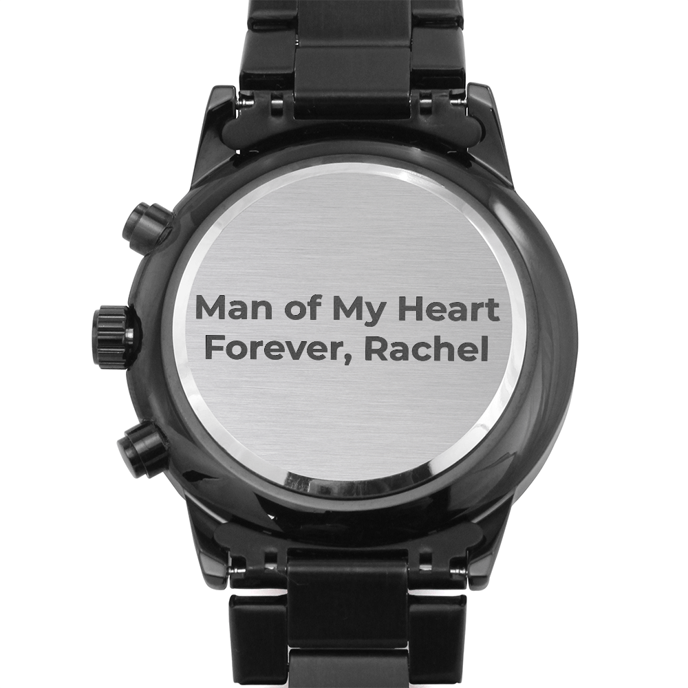 Mens Engraved Black Chronograph Watch Stainless Steel Waterproof Customized Personalized Watches for Boyfriend My Man Fiancé Husband Birthday Anniversary Personalized Watch