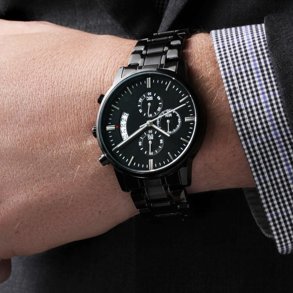 Mens Engraved Black Chronograph Watch Stainless Steel Waterproof Customized Personalized Watches for Boyfriend My Man Fiancé Husband Birthday Anniversary Personalized Watch