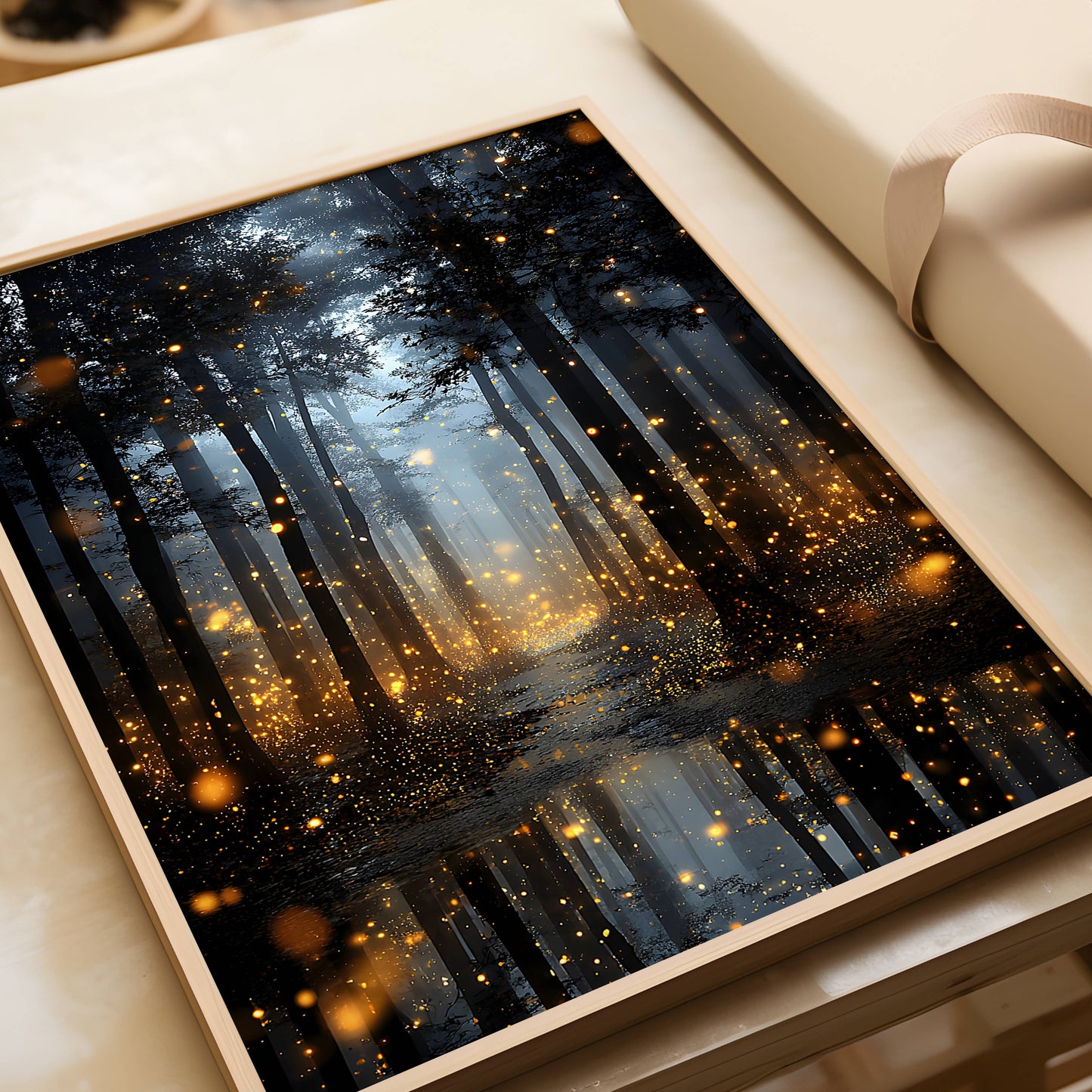 Enchanted Fireflies Forest Fine Art Poster, Magical Golden Glow Woodland Path Print, Mystical Nature Firefly Wall Art, Unframed