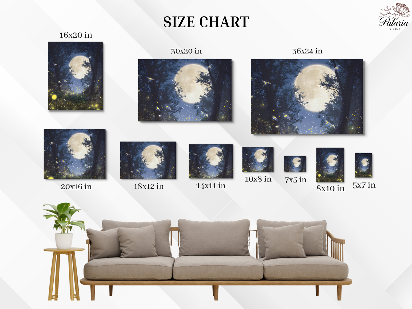 Eerie Haunted Night Forest Poster with Fireflies and Glowing Moon, Mystical Night Sky Poster for Bedroom or Living Room, Unframed Wall Decor