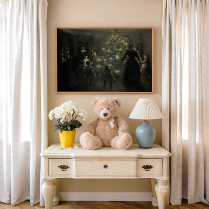 Vintage Family Around Christmas Tree Fine Art Poster, Victorian Christmas Eve Winter Print, Soft Glowing Christmas Lights Holiday Wall Art, Unframed