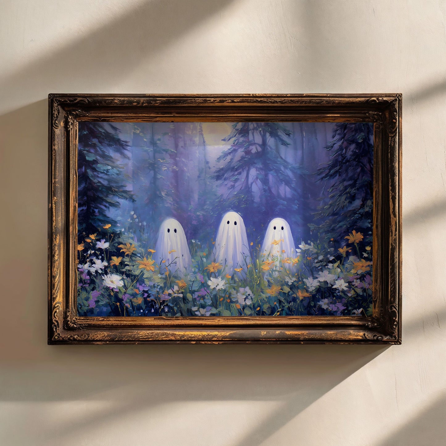 Three Ghosts Under Moonlight in Forest Amongst Wildflowers Poster, Creepy Ghosts Print, Spooky Home Decor Wall Art, Unframed Decor for Home