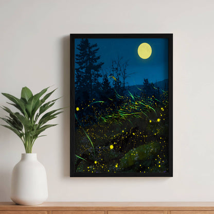 Enchanting Fireflies in a Forest Bush Poster, Whimsical Lightning Bugs Print, Magical Glow Bugs Forest Wall Art, Dreamy Home Decor, Unframed
