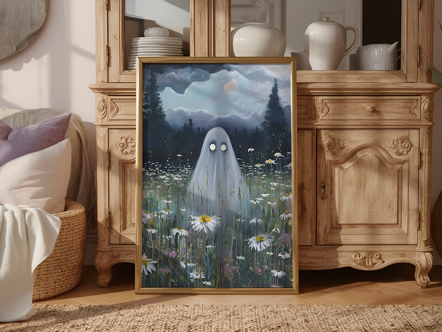 Haunted Ghost in Meadow Poster, Spooky Eerie Ghost Moonlit Wildflower Field Wall Art Print