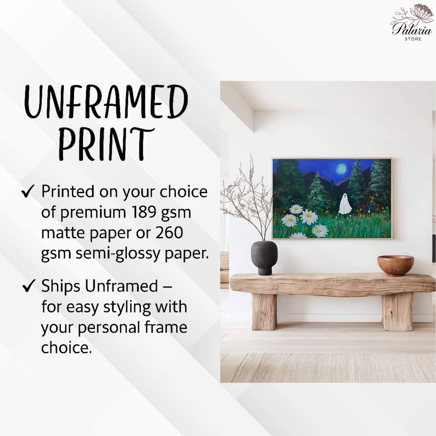 Haunted Ghost in Moonlit Forest Poster, Spooky Halloween Wall Art Print, Whimsical Ghost Painting with Wildflowers, Unframed