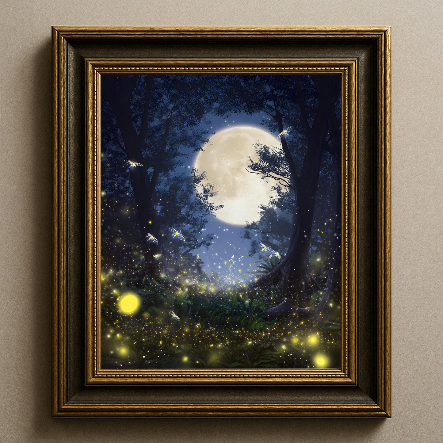 Eerie Haunted Night Forest Poster with Fireflies and Glowing Moon, Mystical Night Sky Poster for Bedroom or Living Room, Unframed Wall Decor