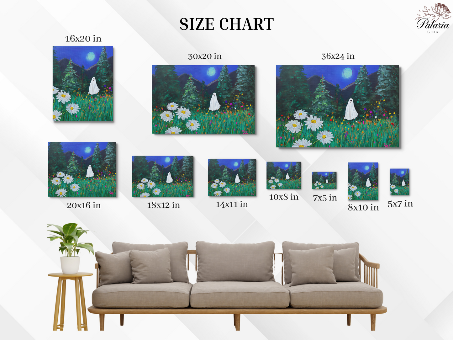 Haunted Ghost in Moonlit Forest Poster, Spooky Halloween Wall Art Print, Whimsical Ghost Painting with Wildflowers, Unframed