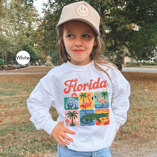 Florida Vintage Kids Sweatshirt, Florida Lover Retro Animal Graphic Youth Pullover, Wildlife Manatee Flamingo Alligator Kids Shirt, Sunshine State Souvenir