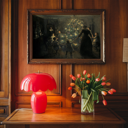 Victorian Christmas Tree Family Gathering Poster, Glowing Christmas Lights Holiday Celebration Print, Cozy Vintage Winter Wall Art, Unframed