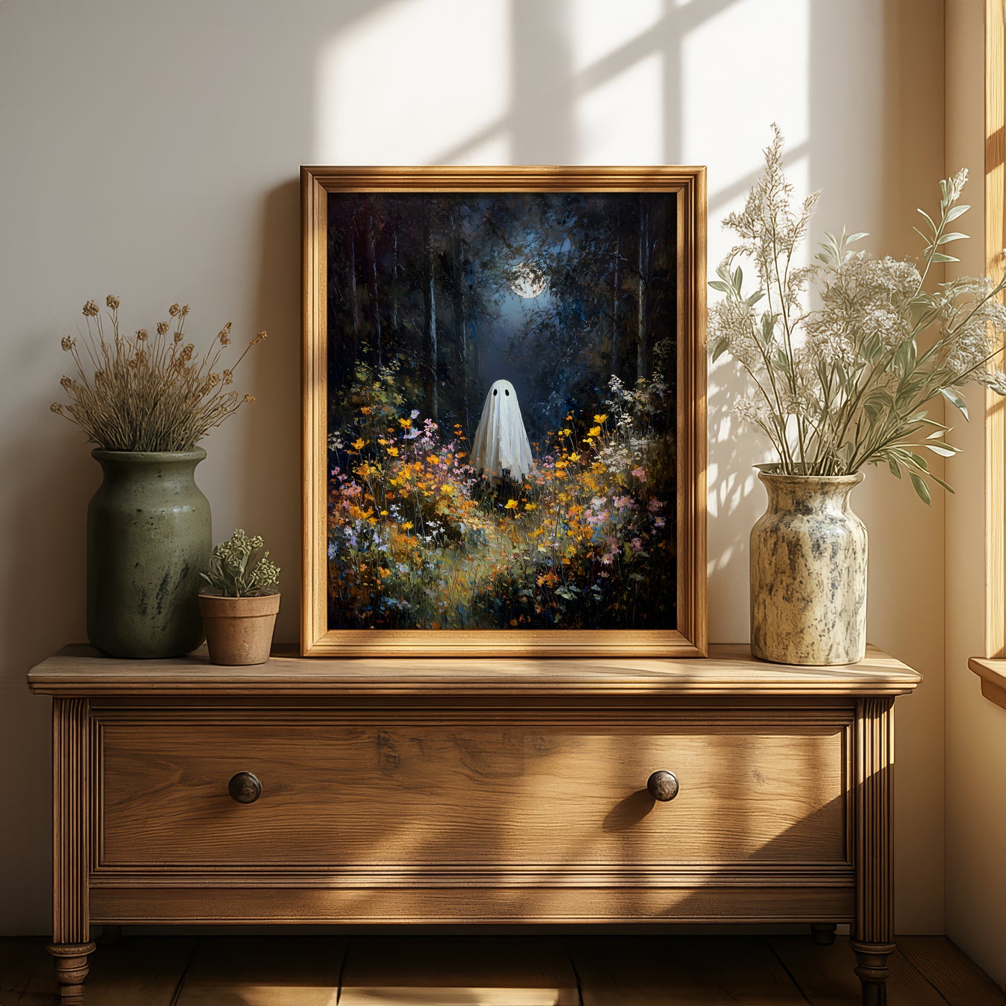 Ghost in Moonlit Wildflower Forest Poster, Ethereal Ghost Print, Home Decor Wall Art, Unframed