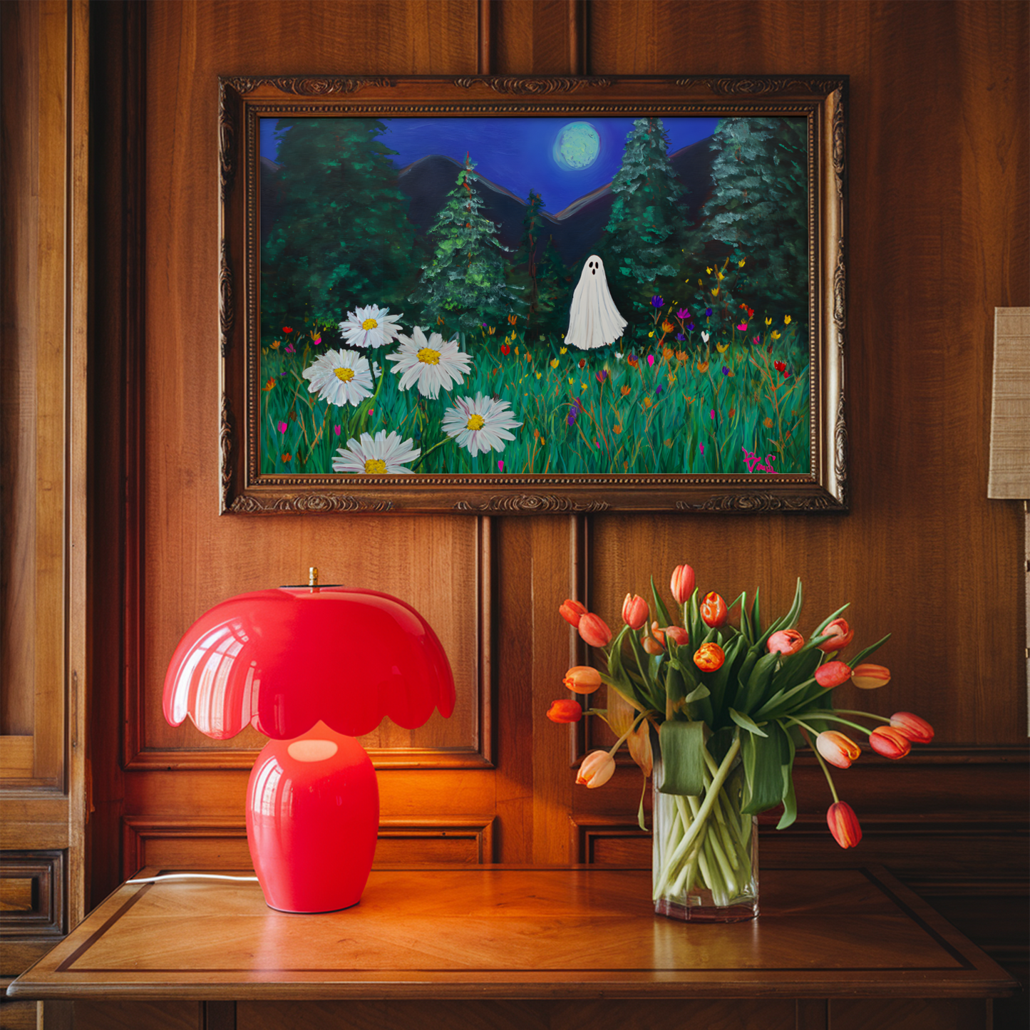 Haunted Ghost in Moonlit Forest Poster, Spooky Halloween Wall Art Print, Whimsical Ghost Painting with Wildflowers, Unframed