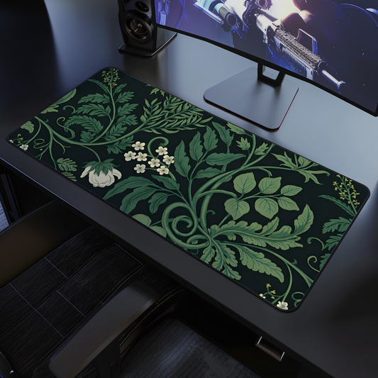 Art Nouveau Desk Mat, Vintage Floral Sage Green Plants Design, Large Extended Mousepad, Botanical Dark Green Desk Mat, Home Office Decor