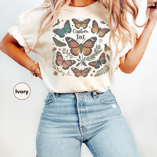 Custom Text Butterfly & Moth T-Shirt for Women, Custom Comfort Colors Cottagecore Vintage Botanical Shirt, Custom Text Butterfly Tee