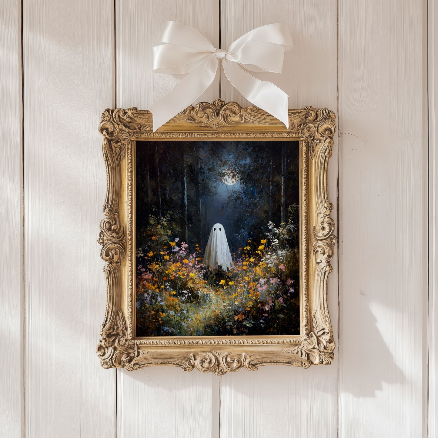 Ghost in Moonlit Wildflower Forest Poster, Ethereal Ghost Print, Home Decor Wall Art, Unframed