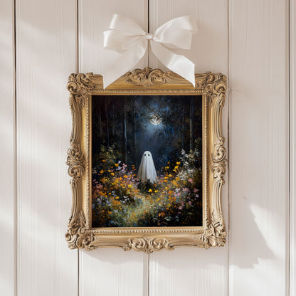 Ghost in Moonlit Wildflower Forest Poster, Ethereal Ghost Print, Home Decor Wall Art, Unframed