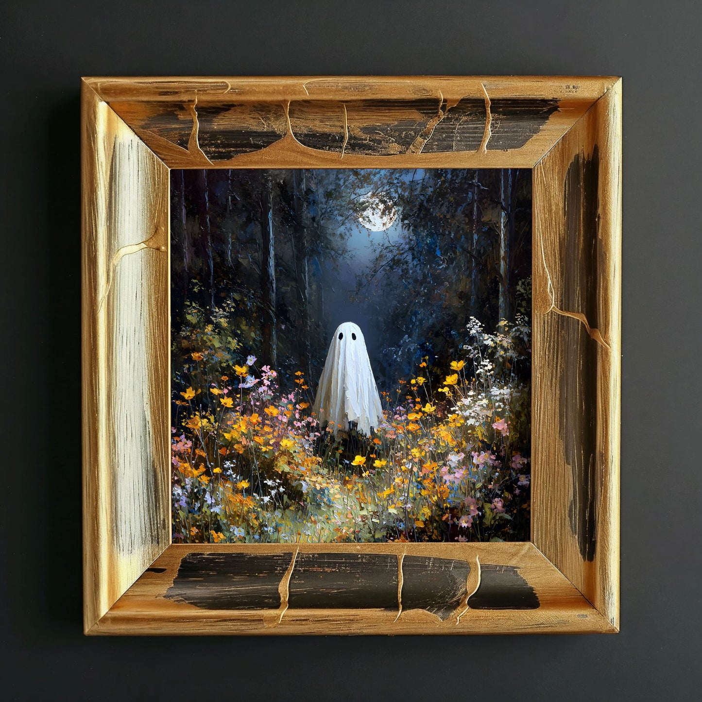 Ghost in Moonlit Wildflower Forest Poster, Ethereal Ghost Print, Home Decor Wall Art, Unframed