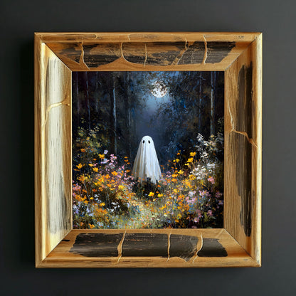 Ghost in Moonlit Wildflower Forest Poster, Ethereal Ghost Print, Home Decor Wall Art, Unframed