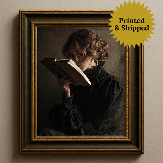 Victorian Woman Reading Book Poster, Moody Library Print, Vintage Style Painting, Wall Art for Book Lovers and Readers, Printed and Shipped