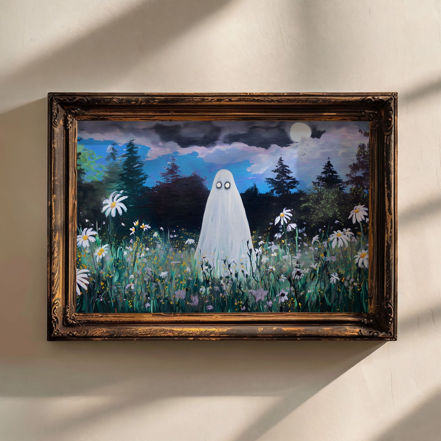 Haunted Ghost in Wildflower Field Poster, Spooky Ghost Poster Wall Art, Surreal Night Sky Print, Eerie Halloween Home Decor