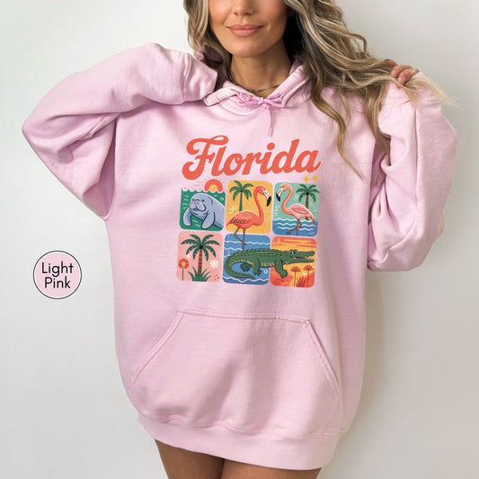 Florida Vintage Pink Hoodie, Florida Lover Retro Animal Graphic Hooded Sweatshirt, Wildlife Manatee Flamingo Alligator Hoodie