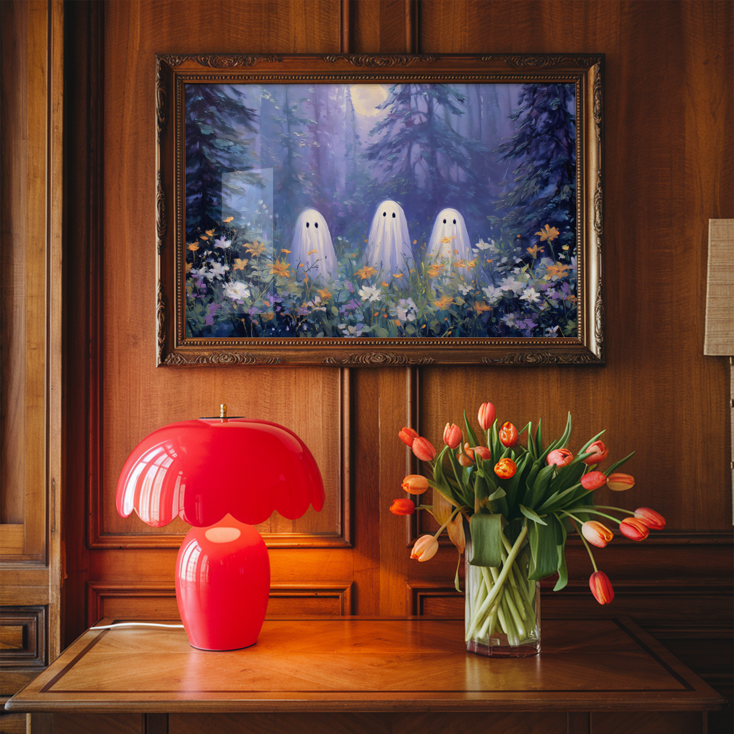 Three Ghosts Under Moonlight in Forest Amongst Wildflowers Poster, Creepy Ghosts Print, Spooky Home Decor Wall Art, Unframed Decor for Home