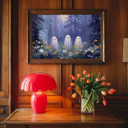 Three Ghosts Under Moonlight in Forest Amongst Wildflowers Poster, Creepy Ghosts Print, Spooky Home Decor Wall Art, Unframed Decor for Home