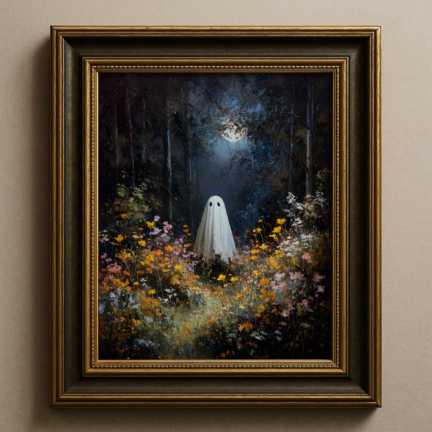 Ghost in Moonlit Wildflower Forest Poster, Ethereal Ghost Print, Home Decor Wall Art, Unframed