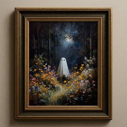 Ghost in Moonlit Wildflower Forest Poster, Ethereal Ghost Print, Home Decor Wall Art, Unframed