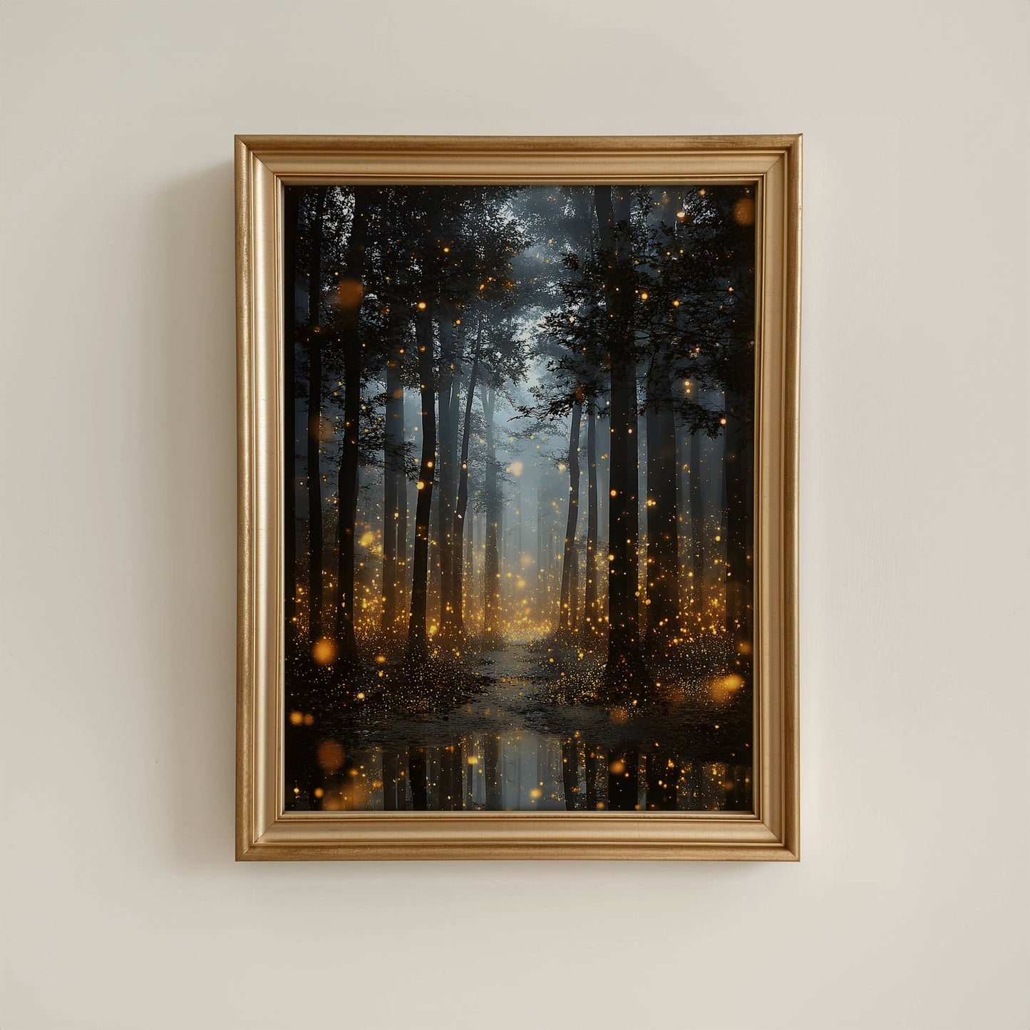 Enchanted Fireflies Forest Fine Art Poster, Magical Golden Glow Woodland Path Print, Mystical Nature Firefly Wall Art, Unframed