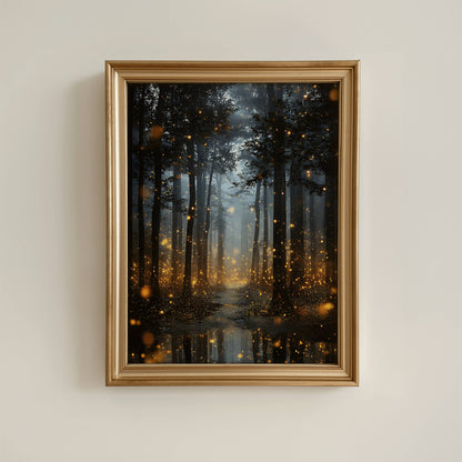 Enchanted Fireflies Forest Fine Art Poster, Magical Golden Glow Woodland Path Print, Mystical Nature Firefly Wall Art, Unframed
