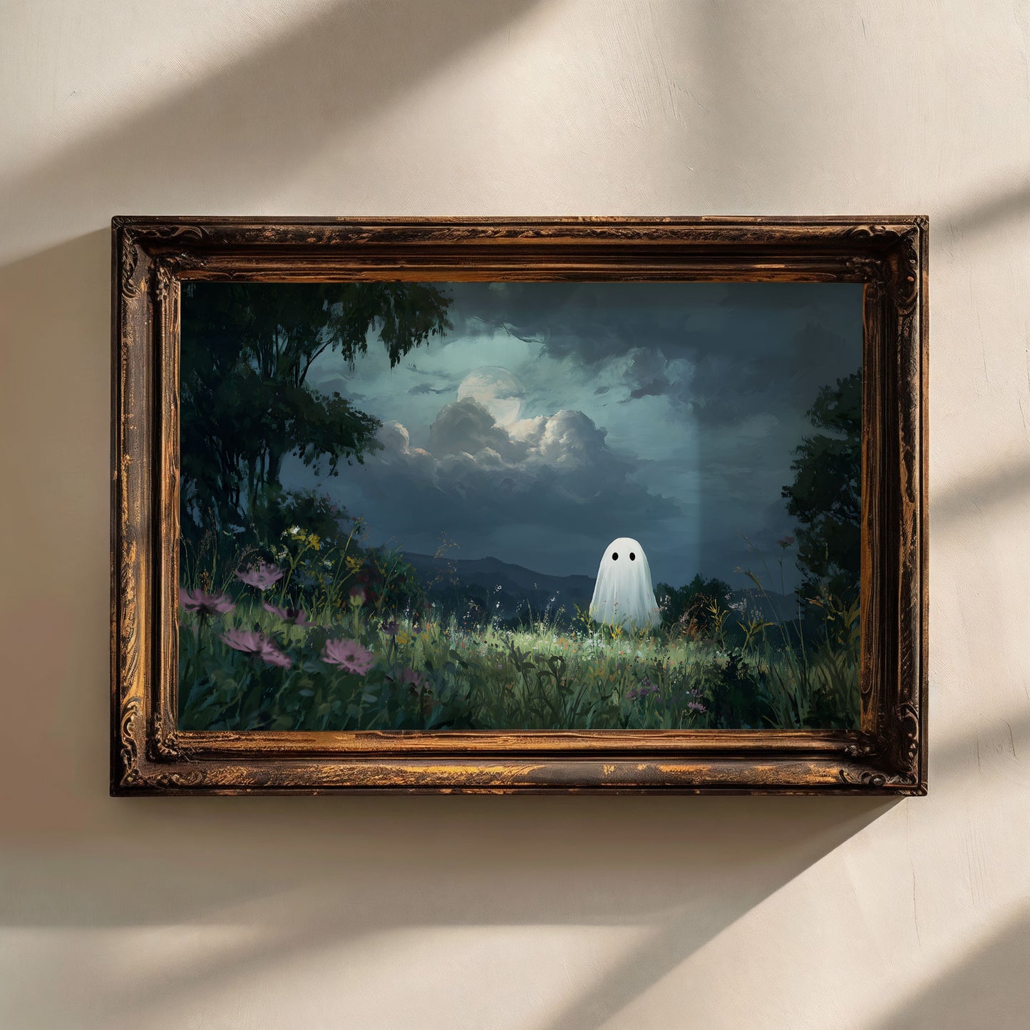 Haunted Ghost in Meadow Forest Poster, Eerie Ghost Spooky Night Print, Home Decor Wall Art, Unframed