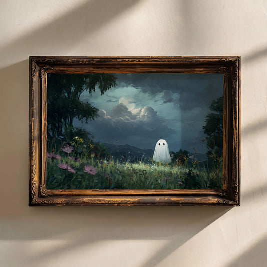 Haunted Ghost in Meadow Forest Poster, Eerie Ghost Spooky Night Print, Home Decor Wall Art, Unframed