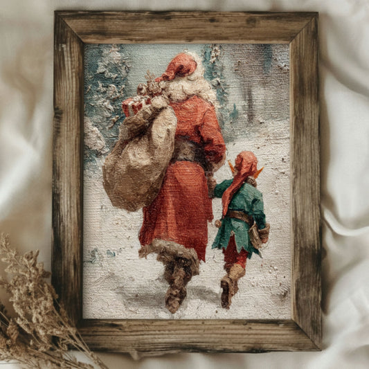 Vintage Santa Claus and Elf in Winter Forest Poster, Cozy Christmas Holiday Print, Home Decor Wall Art, Unframed, Printed and Shipped